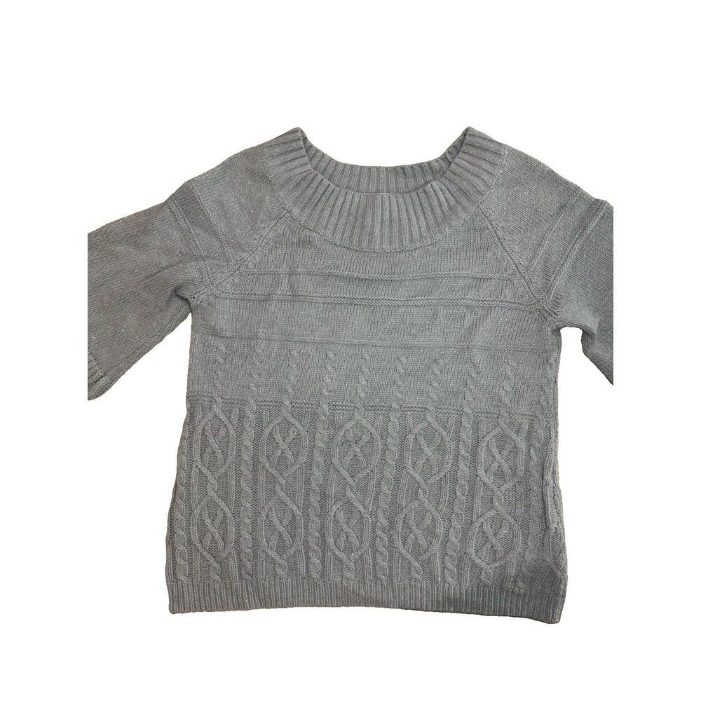 Worthington Gray Cable Knit Sweater L Metallic Sparkle Crew Neck Pullover